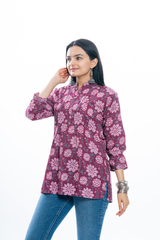 Ekisha's women pleated maroon multicolor printed cotton tunic top short kurti, side view