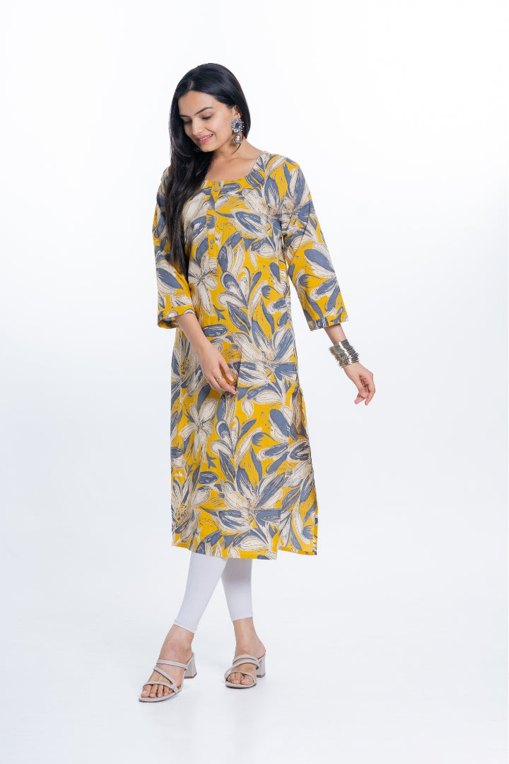 Ekisha women's cotton yellow bold printed floral printed straight kurta kurti, side view