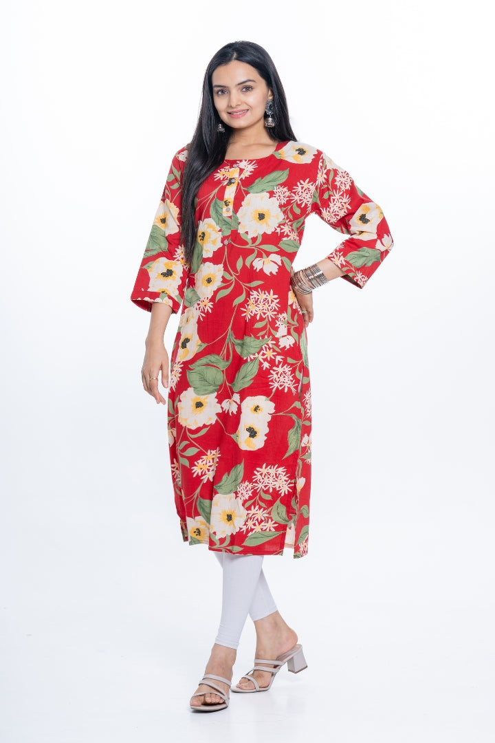 Ekisha women's Red bold printed floral printed straight kurta kurti, front view