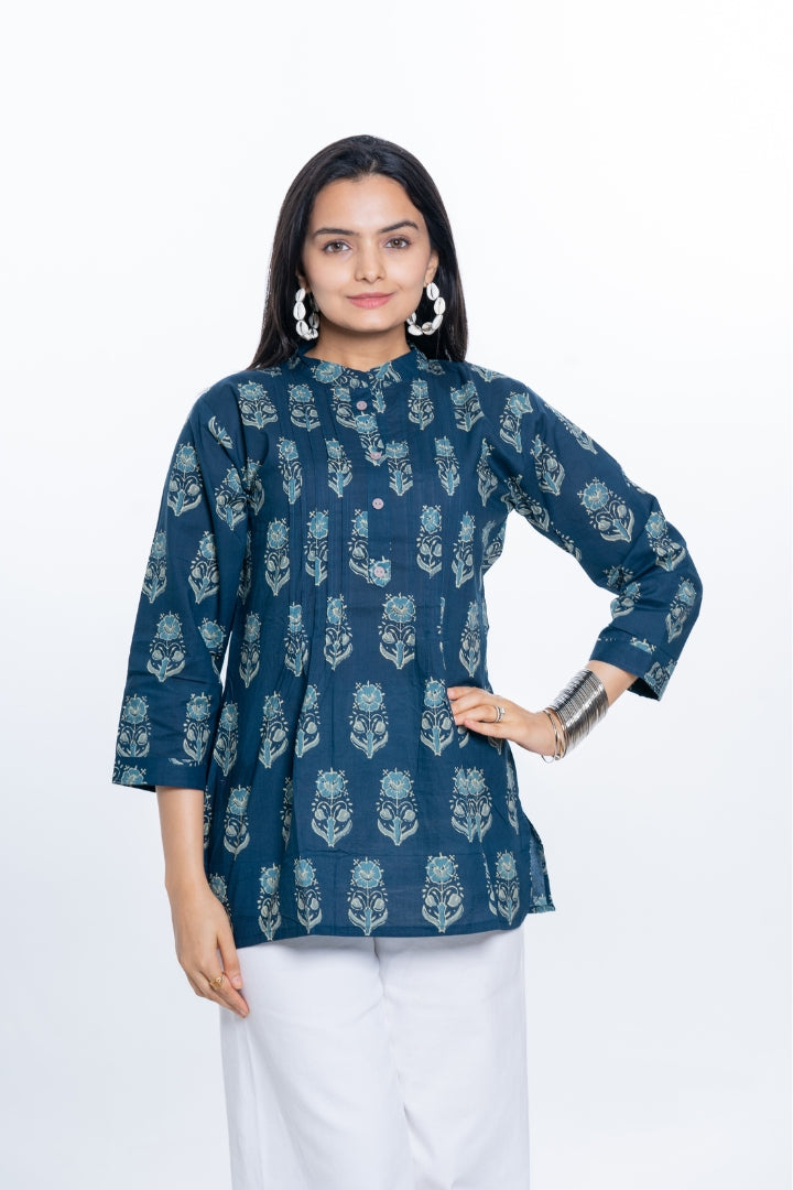 Ekisha's women pleated navy multicolor printed cotton tunic top short kurti, front view