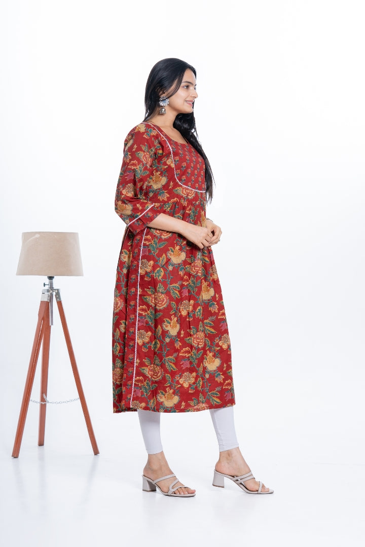 Ekisha women's Red designer printed multicolor floral printed straight kurta kurti, side view