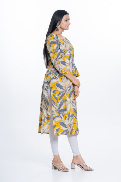 Ekisha women's cotton yellow bold printed floral printed straight kurta kurti, side view 2