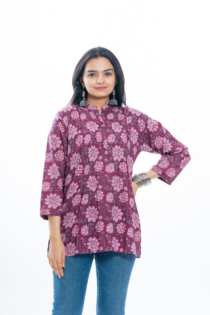 Ekisha's women pleated maroon multicolor printed cotton tunic top short kurti, front view 2