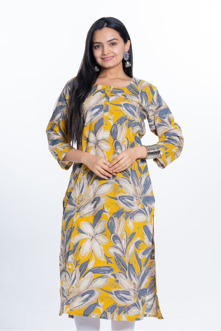 Ekisha women's cotton yellow bold printed floral printed straight kurta kurti, detailed view