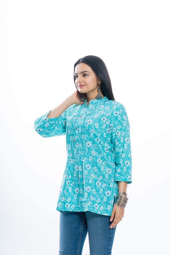 Ekisha's women pleated C-green multicolor printed cotton tunic top short kurti, side view 2