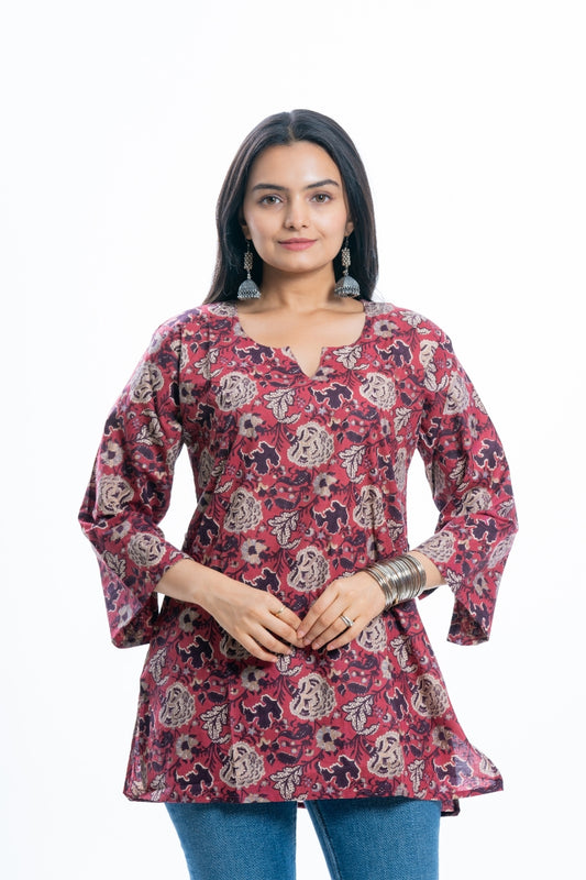 Ekisha's women rich red designer multicolor printed cotton tunic top short kurti, front view