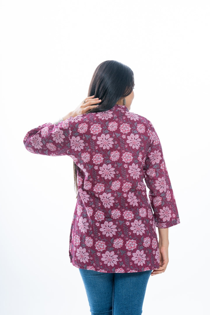 Ekisha's women pleated maroon multicolor printed cotton tunic top short kurti, back view