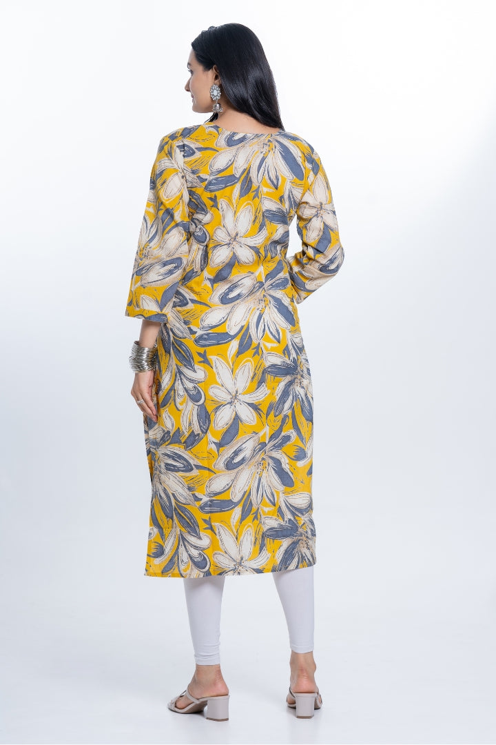 Ekisha women's cotton yellow bold printed floral printed straight kurta kurti, back view