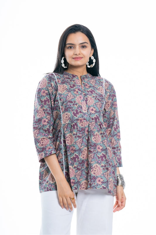 Ekisha's women green multicolor designer floral printed cotton tunic top short kurti, front view 4