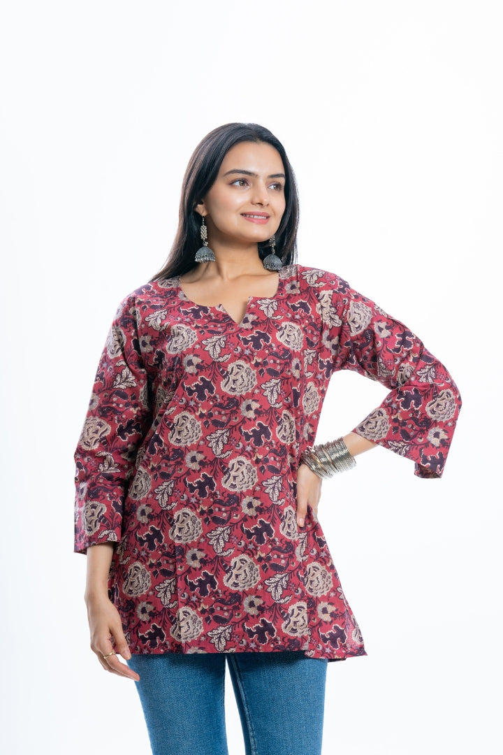 Ekisha's women rich red designer multicolor printed cotton tunic top short kurti, front view 2