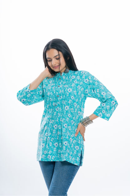 Ekisha's women pleated C-green multicolor printed cotton tunic top short kurti, detailed view