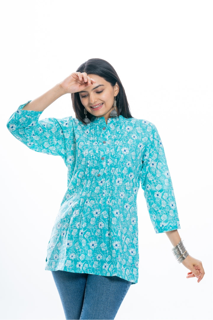 Ekisha's women pleated C-green multicolor printed cotton tunic top short kurti, front view 3