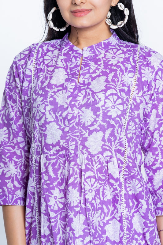 Ekisha's women purple designer floral printed cotton tunic top short kurti, detailed view