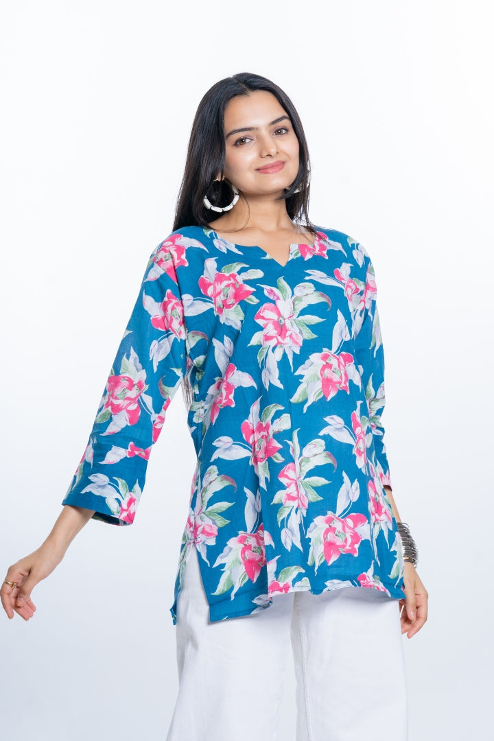 Ekisha's women everyday blue multicolor printed cotton tunic top short kurti, front view 4