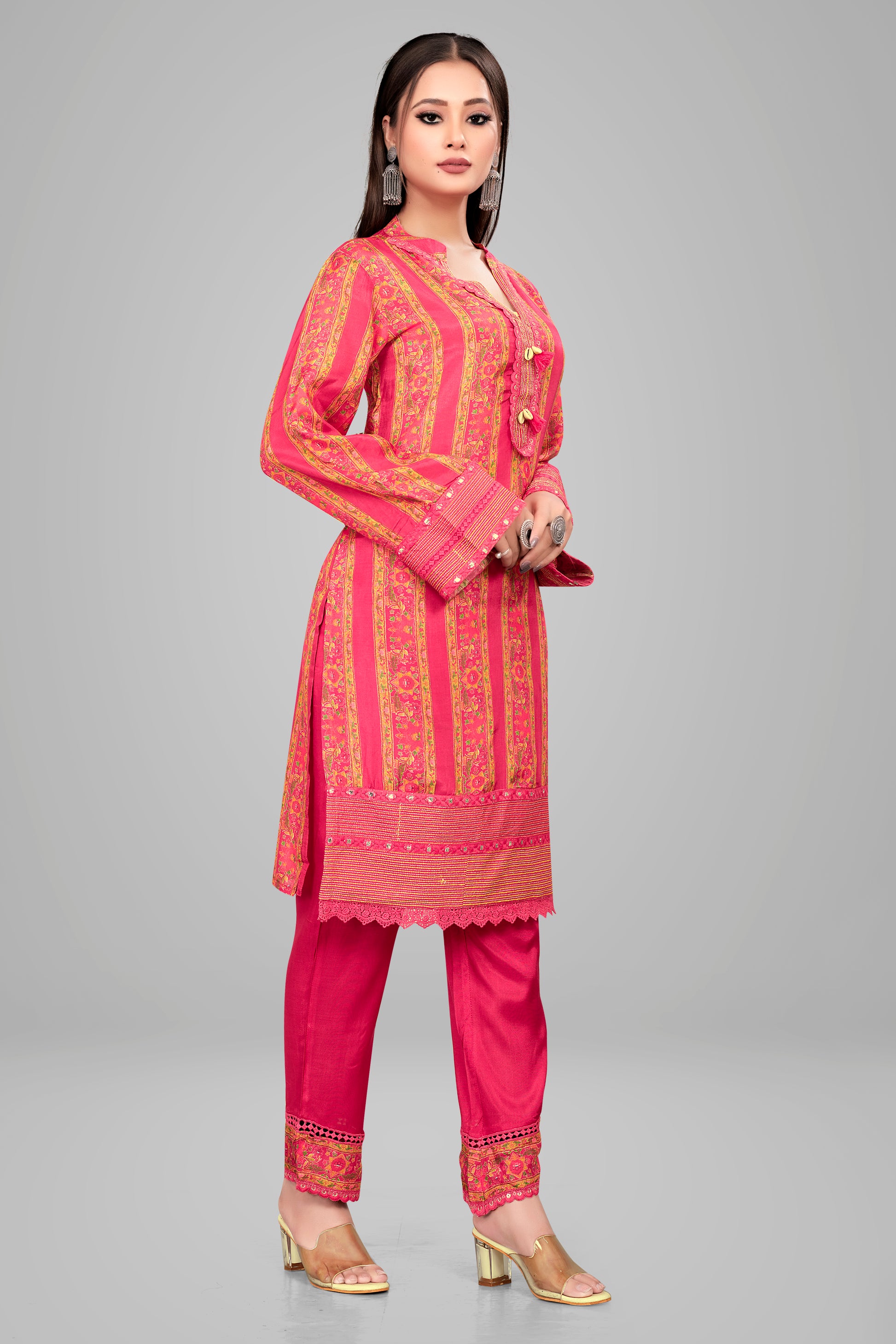 Ekisha's Designer Pink Muslin Kurta and Pant Set, side view