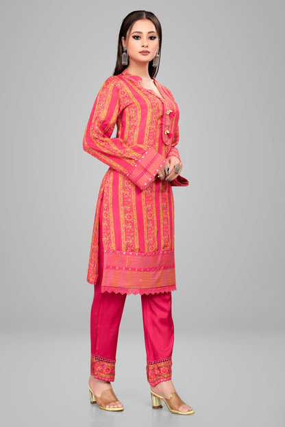 Ekisha's Designer Pink Muslin Kurta and Pant Set, side view