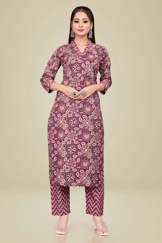 Ekisha's Wine Printed Kurta and Pant Set, front view