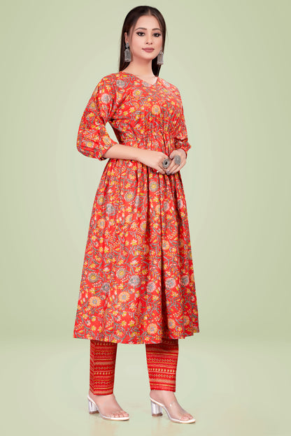 Ekisha's Orange Printed Kurta and Pant Set, side view