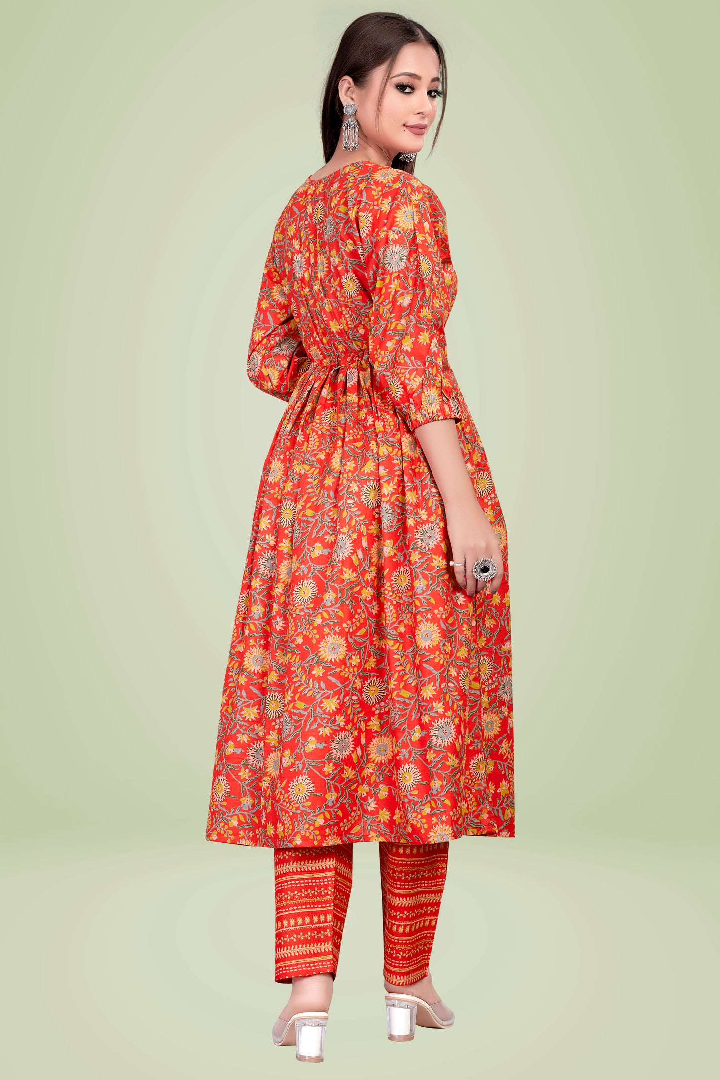 Ekisha's Orange Printed Kurta and Pant Set, back view