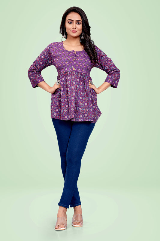 Ekisha's Purple printed tunic top, front view