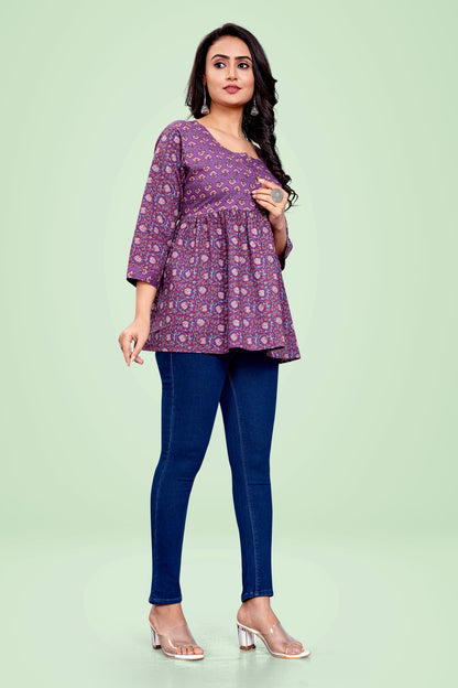 Ekisha's Purple printed tunic top, side view