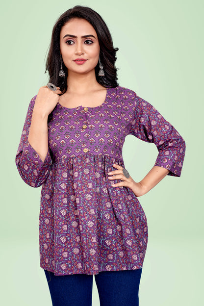 Ekisha's Purple printed tunic top, detailed view