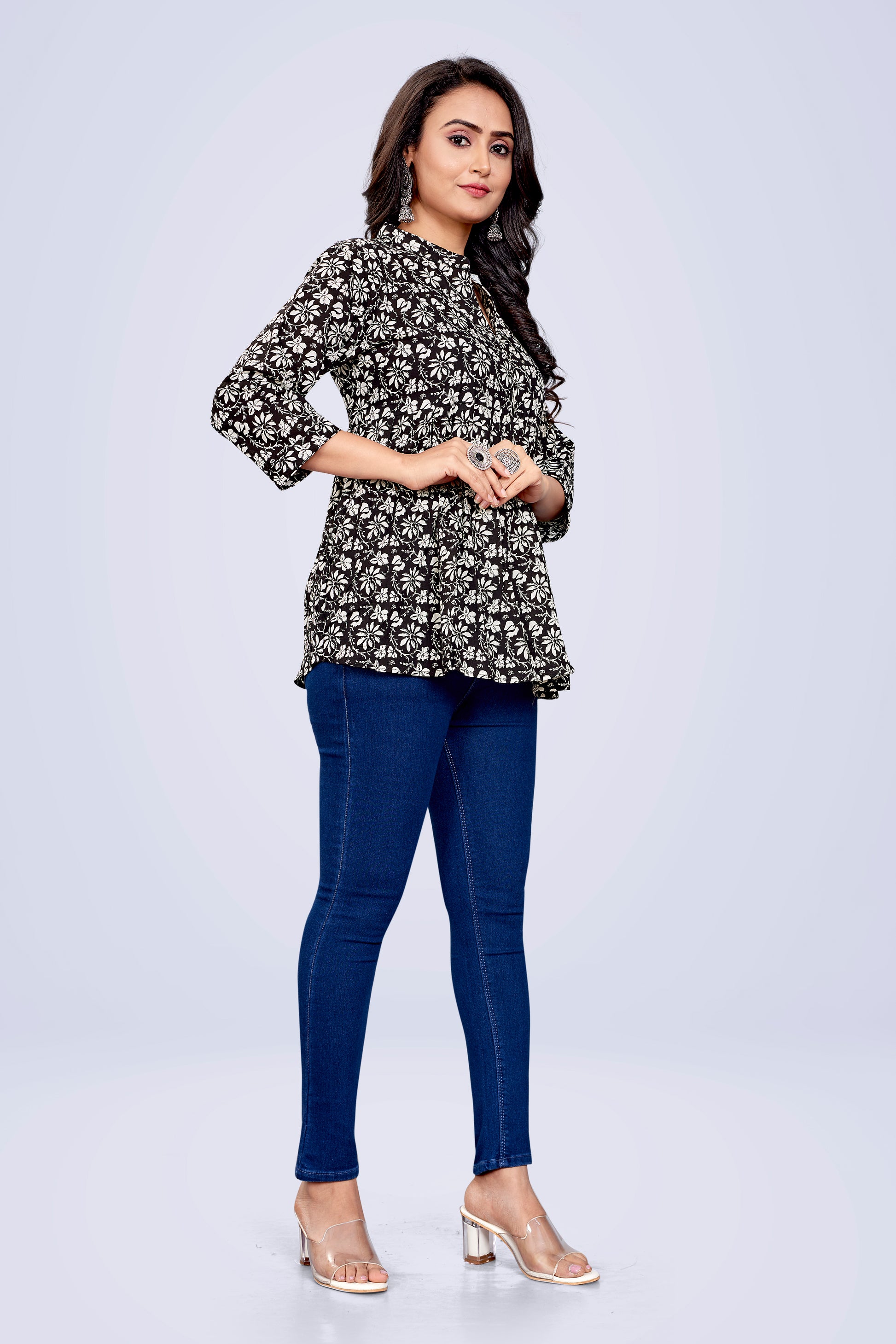 Ekisha's Black Printed tunic top, side view