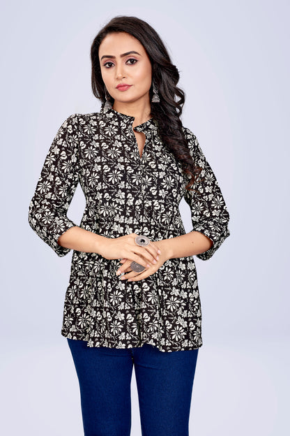 Ekisha's Black Printed tunic top, detailed view