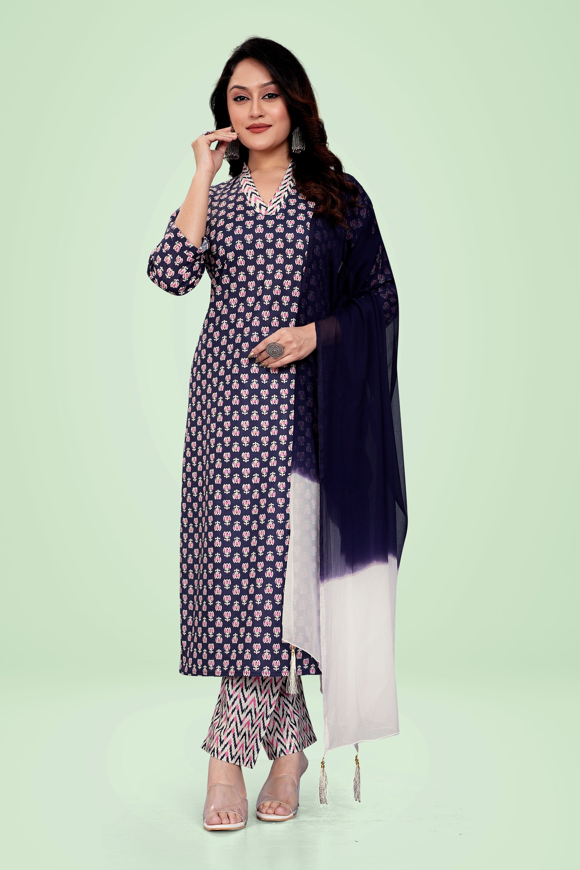 Ekisha's Blue Printed Kurta set with Dupatta, front view