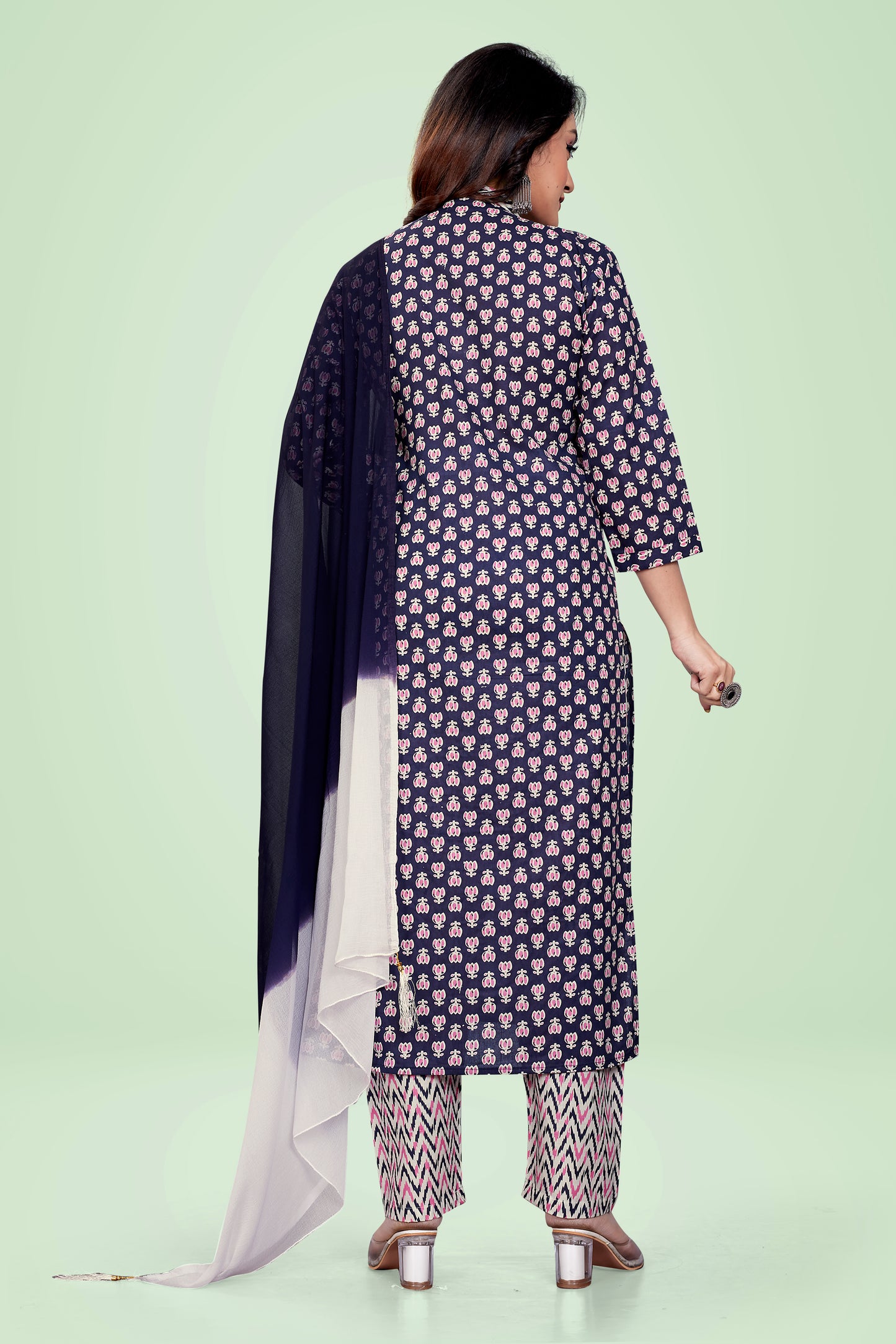 Ekisha's Blue Printed Kurta set with Dupatta, back view