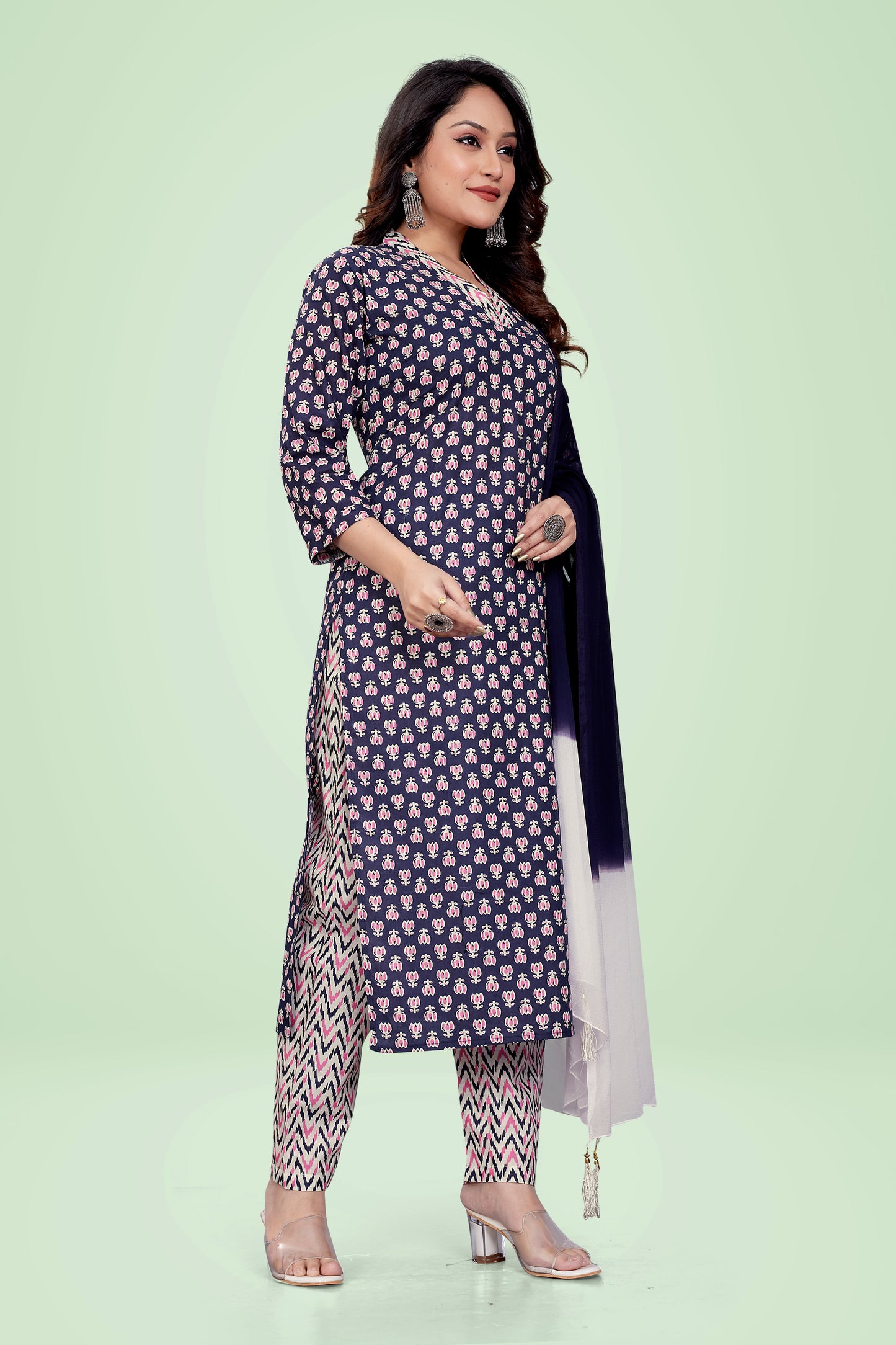 Ekisha's Blue Printed Kurta set with Dupatta, side view