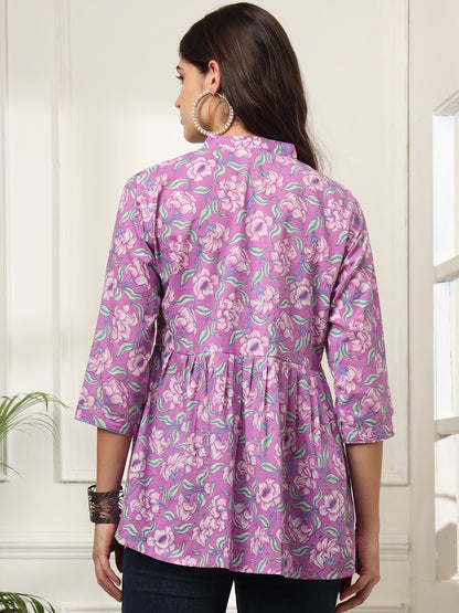 Ekisha's women purple multicolor designer floral printed cotton tunic top short kurti, back view