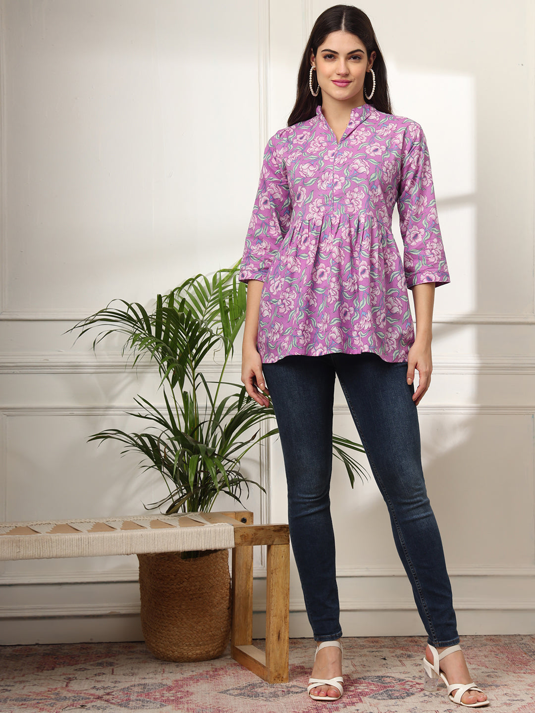 Ekisha's women purple multicolor designer floral printed cotton tunic top short kurti, front view 3