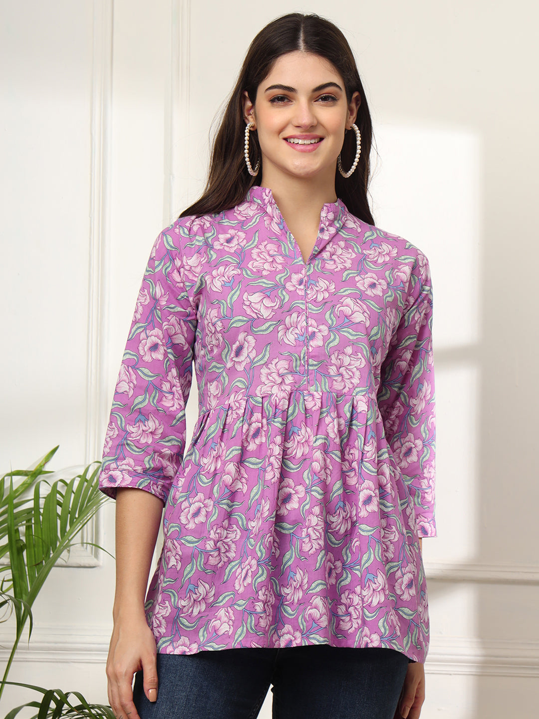 Ekisha's women purple multicolor designer floral printed cotton tunic top short kurti, front view 2