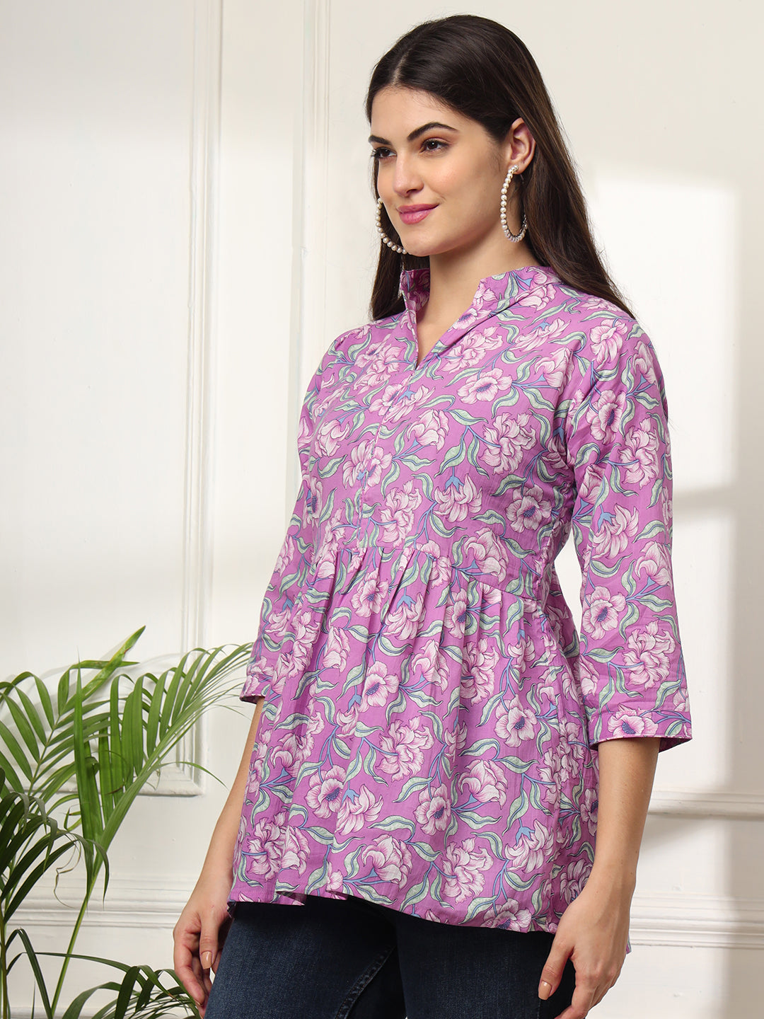 Ekisha's women purple multicolor designer floral printed cotton tunic top short kurti, side view