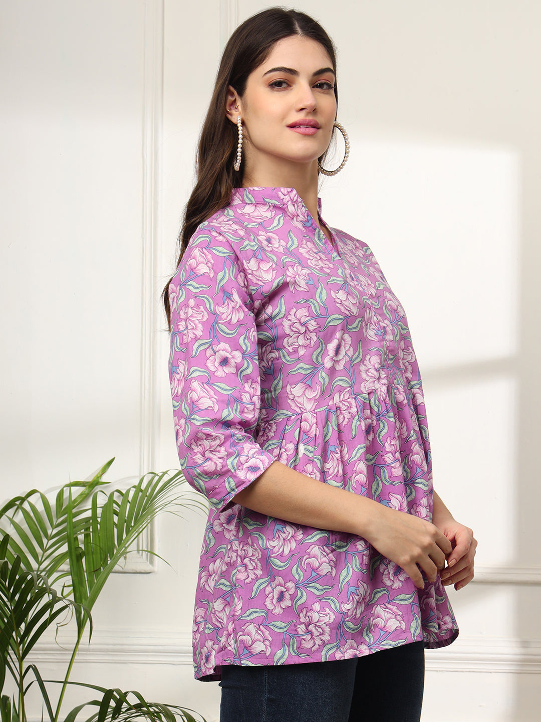 Ekisha's women purple multicolor designer floral printed cotton tunic top short kurti, side view 2