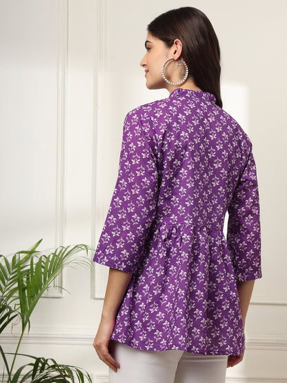 Ekisha's women purple beautiful designer floral printed cotton tunic top short kurti, back view