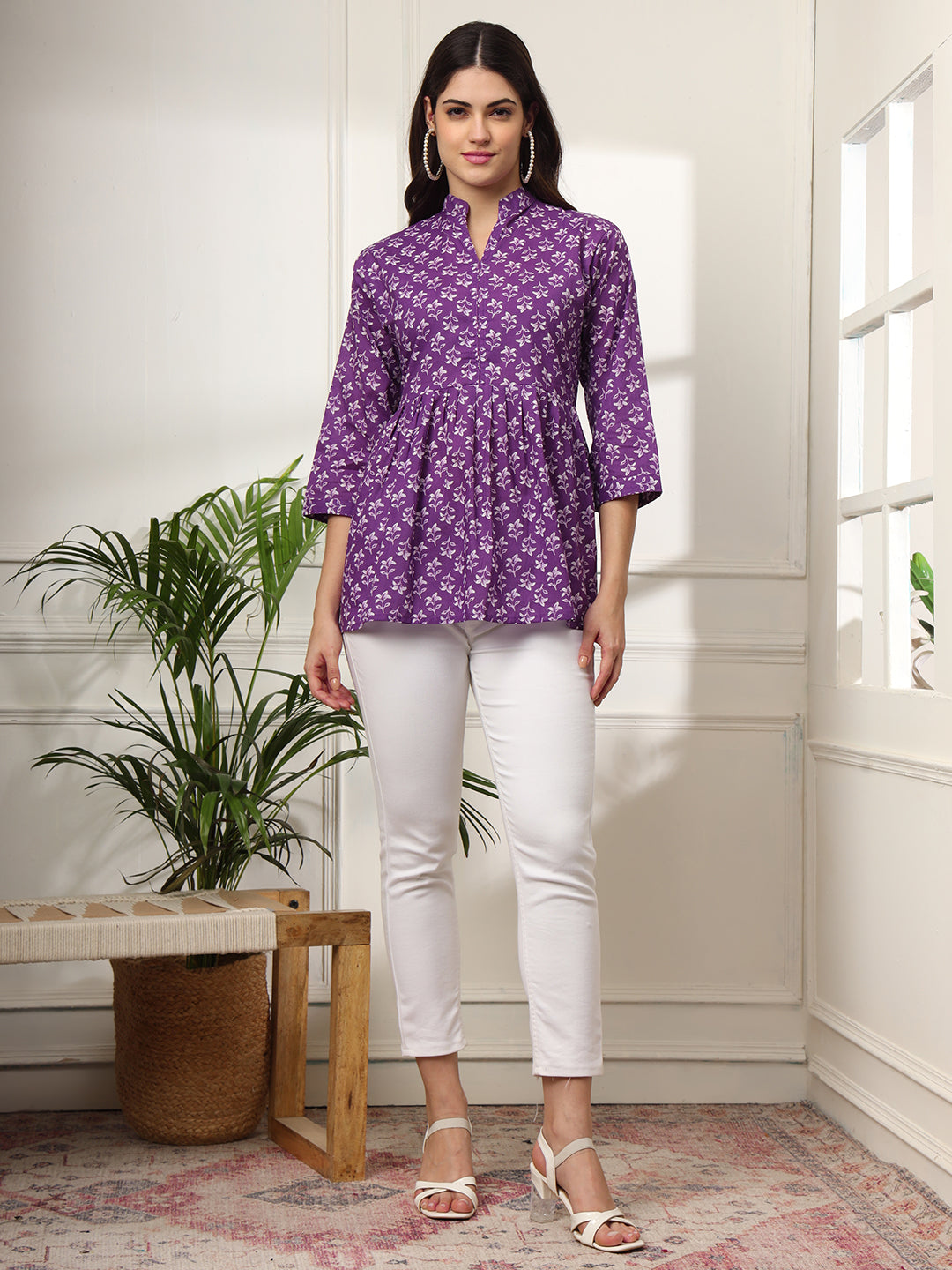 Ekisha's women purple beautiful designer floral printed cotton tunic top short kurti, front view