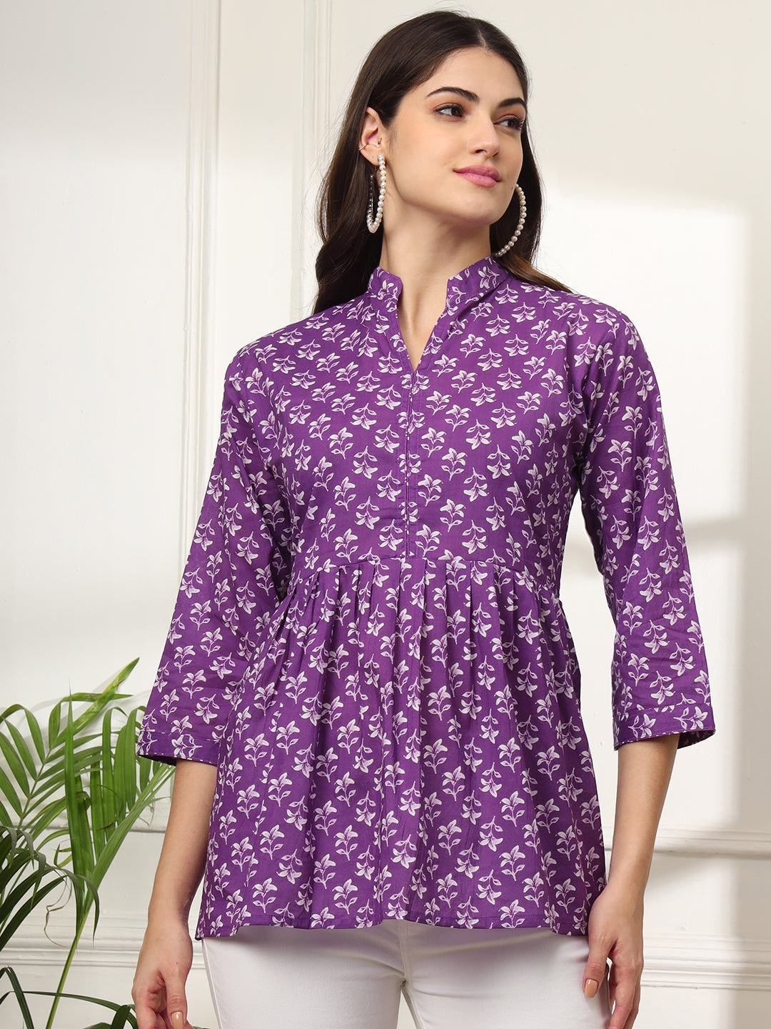 Ekisha's women purple beautiful designer floral printed cotton tunic top short kurti, detailed view