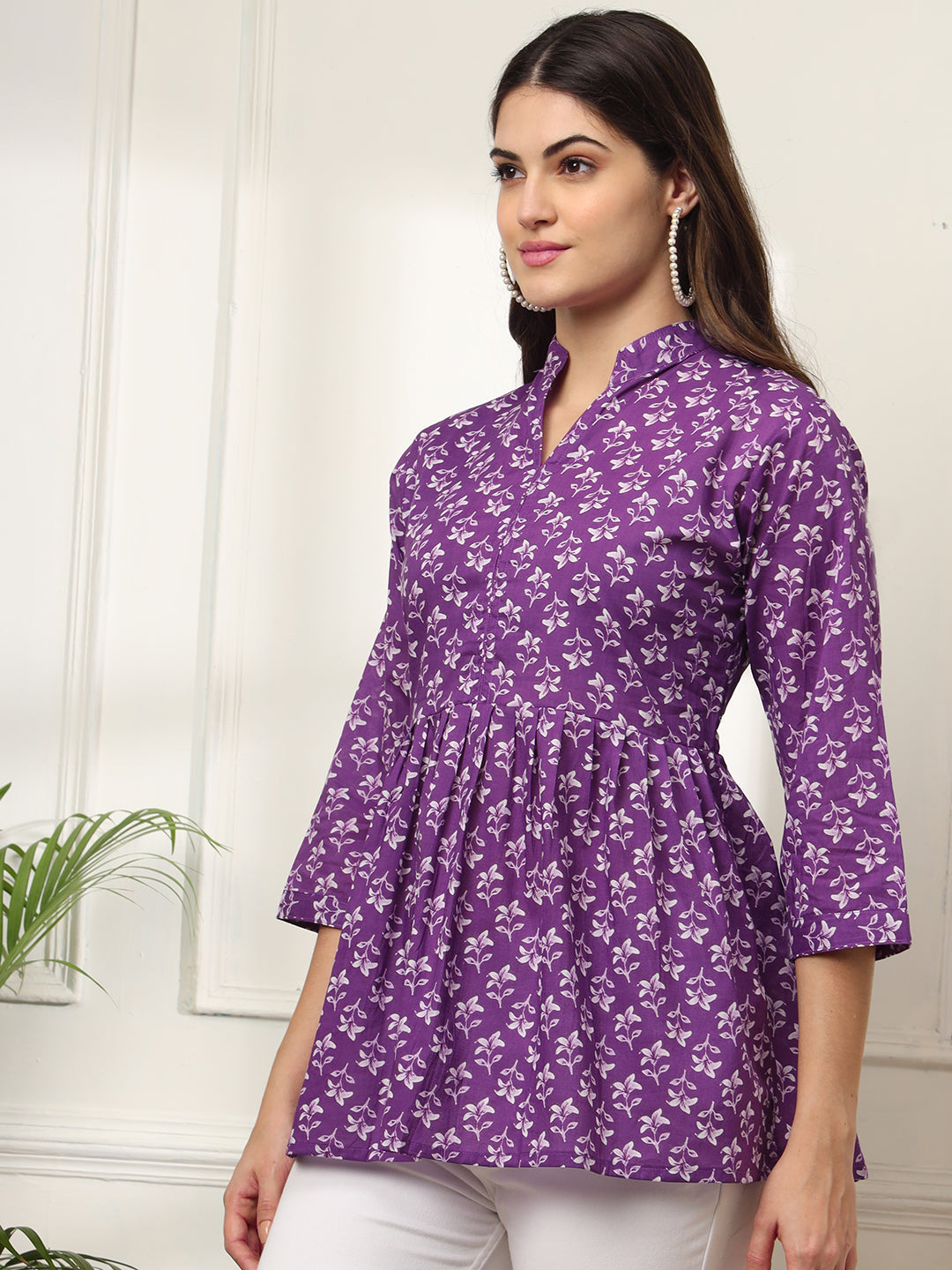 Ekisha's women purple beautiful designer floral printed cotton tunic top short kurti, side view 2