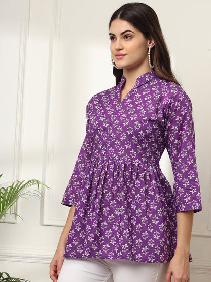 Ekisha's women purple beautiful designer floral printed cotton tunic top short kurti, side view 2