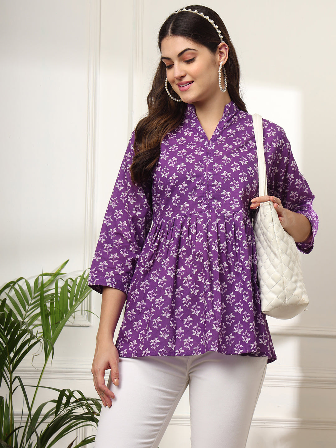 Ekisha's women purple beautiful designer floral printed cotton tunic top short kurti, front view 2