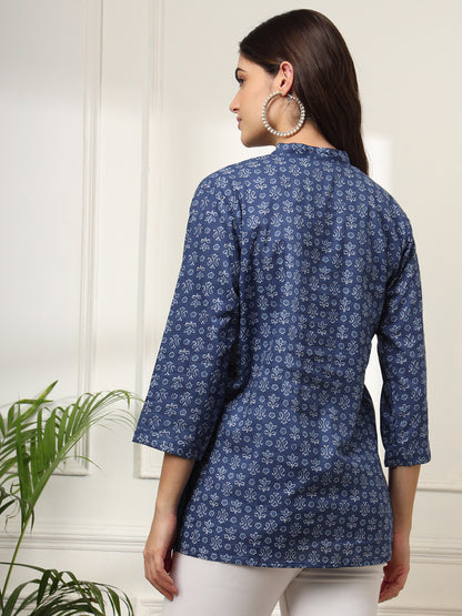 Ekisha's women blue pleated designer floral printed cotton tunic top short kurti, back view