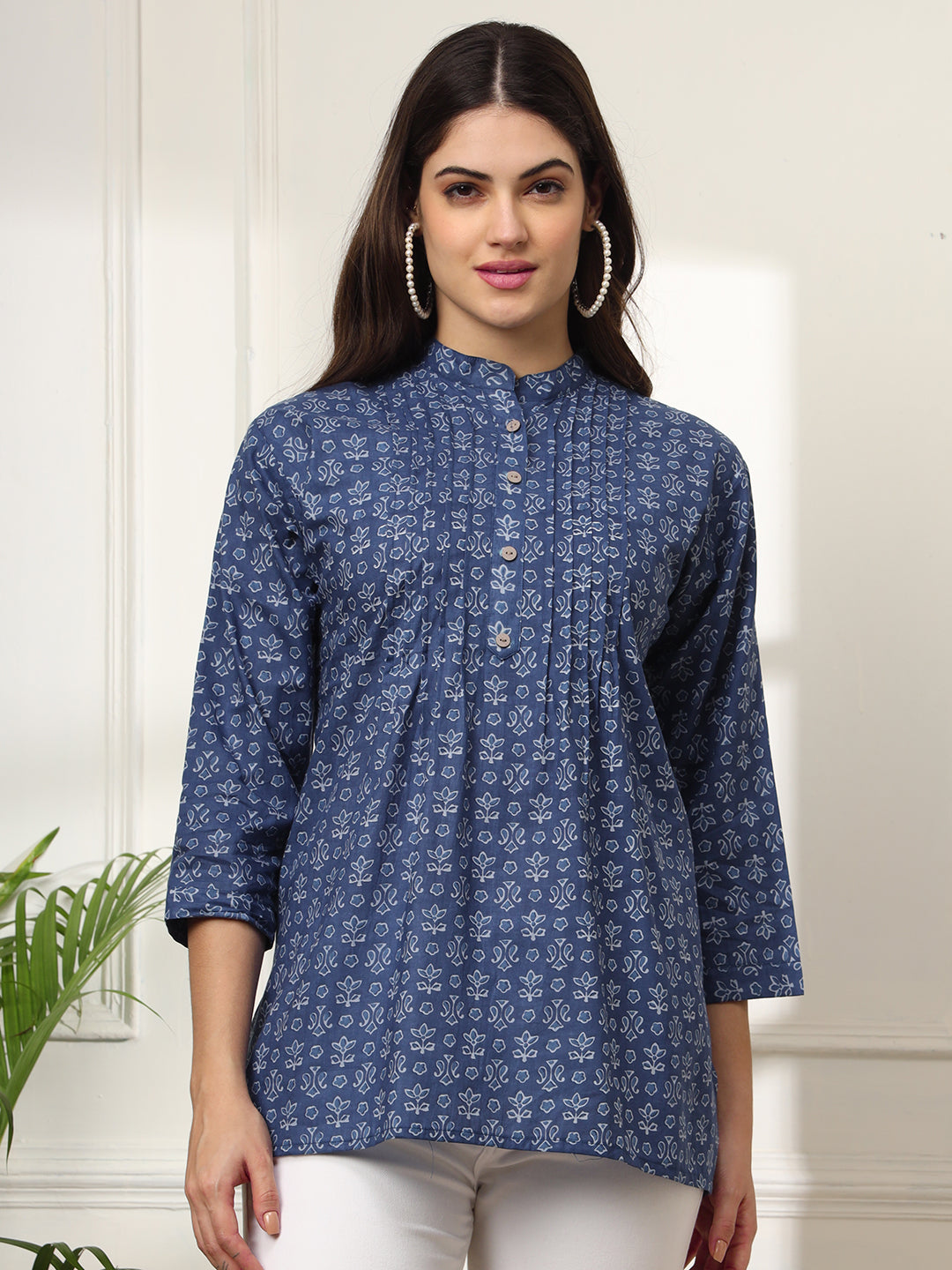 Ekisha's women blue pleated designer floral printed cotton tunic top short kurti, front view 2