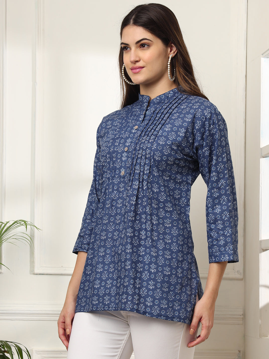 Ekisha's women blue pleated designer floral printed cotton tunic top short kurti, side view 2