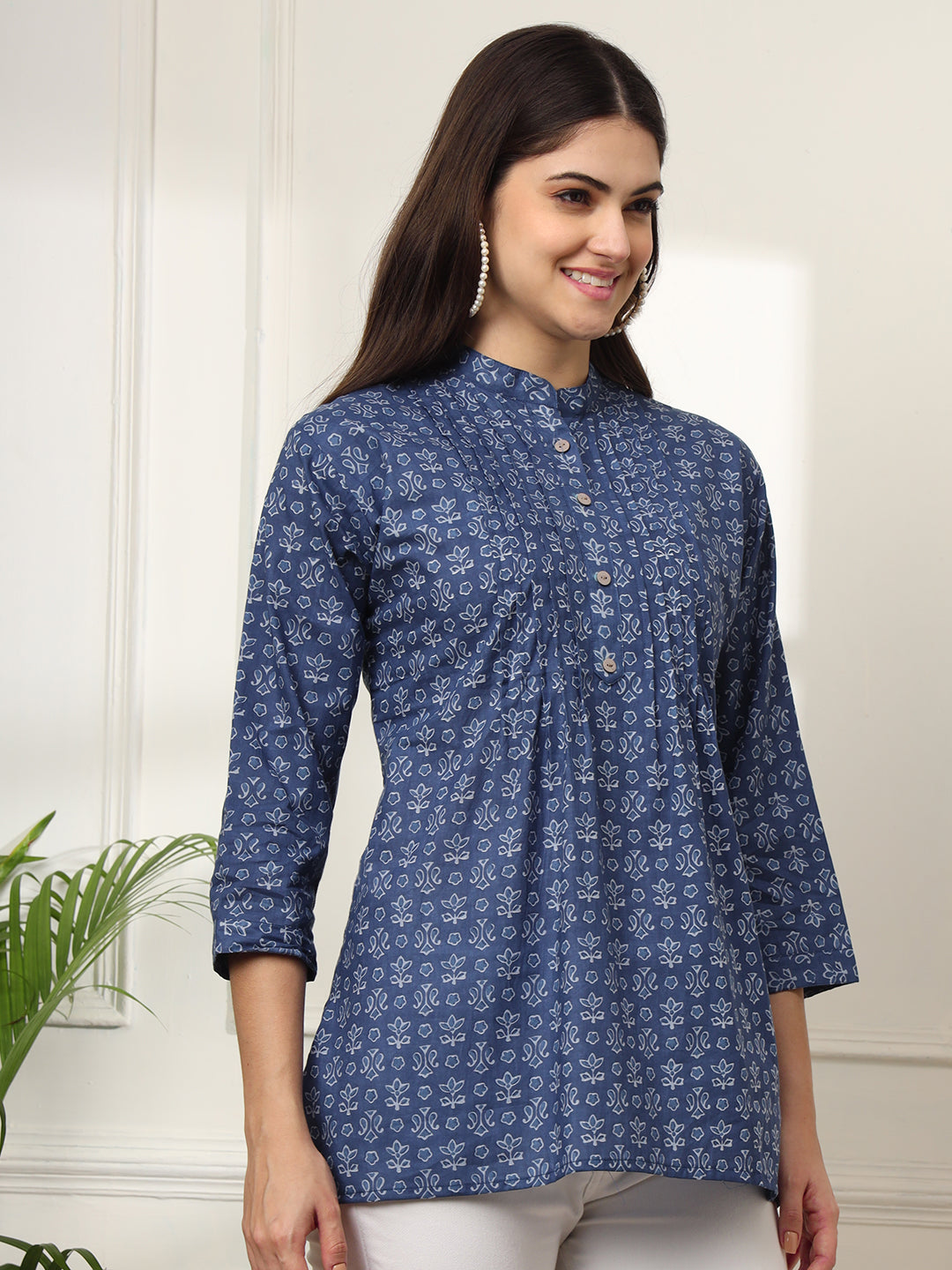 Ekisha's women blue pleated designer floral printed cotton tunic top short kurti, front view 3