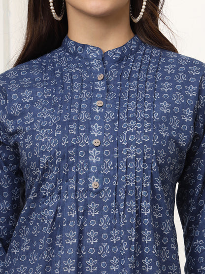 Ekisha's women blue pleated designer floral printed cotton tunic top short kurti, detailed view