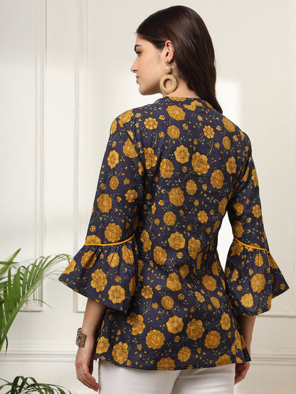 Ekisha's women dark blue pleated designer floral printed cotton tunic top short kurti, back view