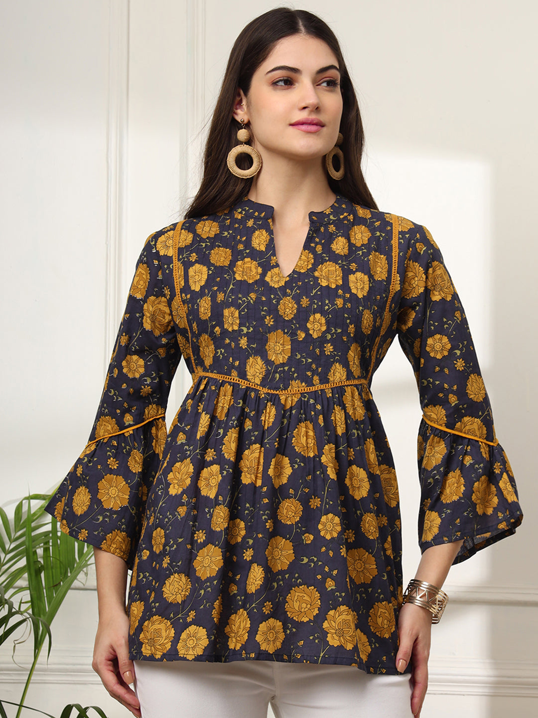 Ekisha's women dark blue pleated designer floral printed cotton tunic top short kurti, front view 