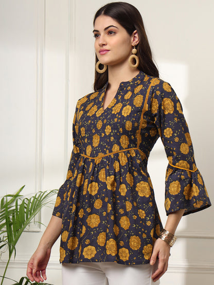 Ekisha's women dark blue pleated designer floral printed cotton tunic top short kurti, side view